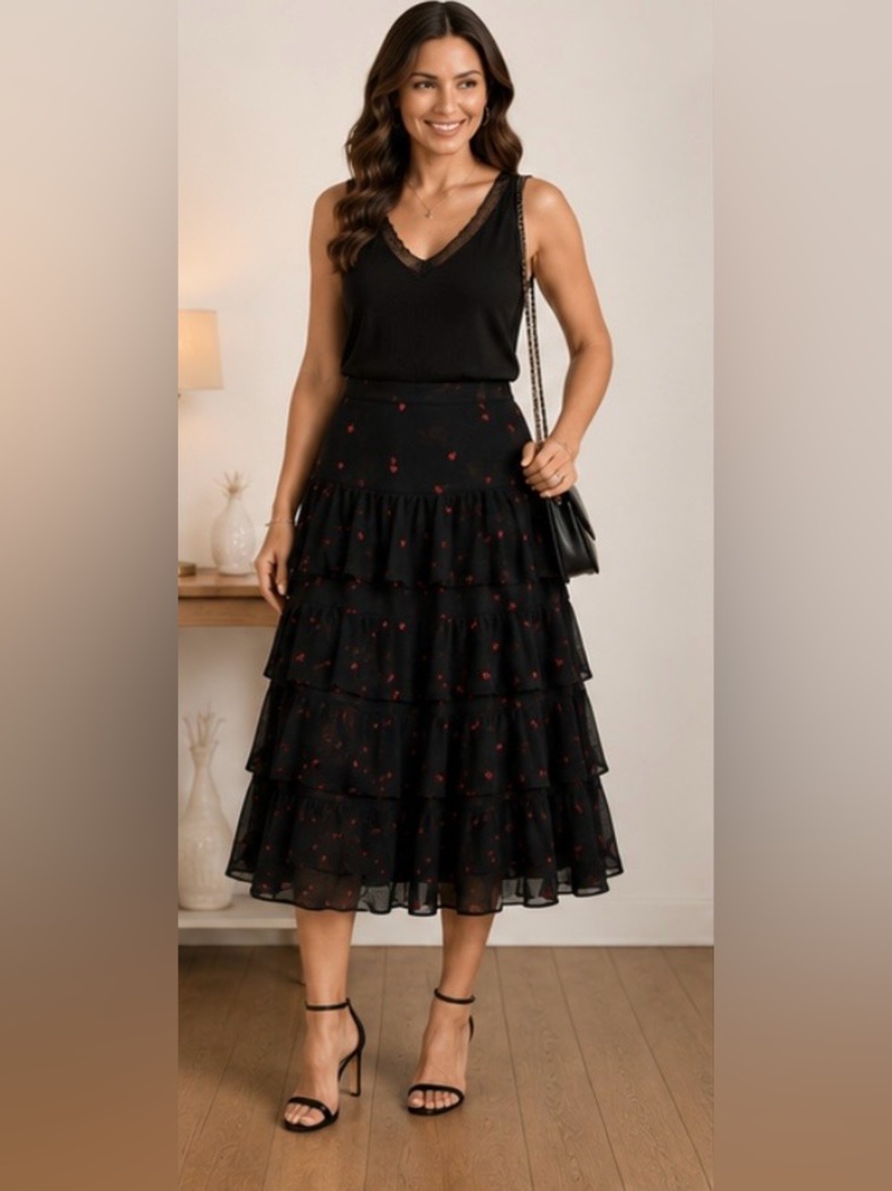 CeCe Black Tiered Ruffle Midi Skirt Red Heart Print Size 10 Romantic NWT - Picture 2 of 11